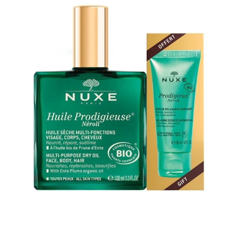 Set Nuxe Huile Prodigieuse Neroli, Ulei multifunctional pentru fata, corp si par 100 ml Gel de dus 30 ml