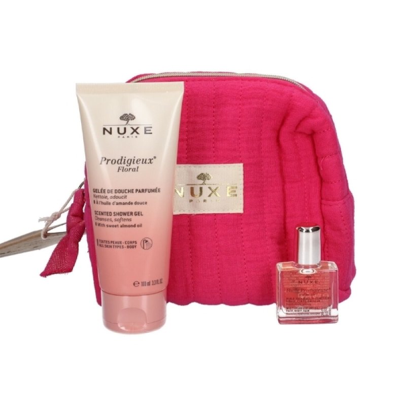 Set Nuxe Prodigieux Floral, Gel de dus 100 ml Ulei multifunctional pentru fata, corp si par 30 ml Portfard textil