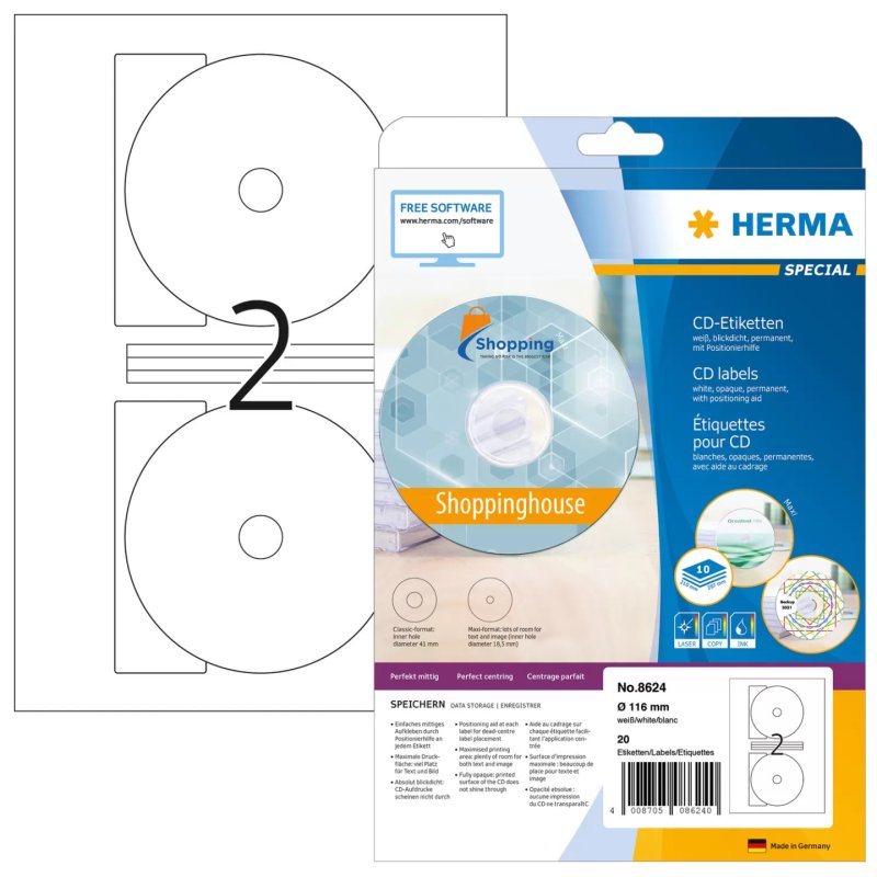 HERMA CD-Etiketten Maxi A4 weiß 116 mm Papier opak 20 St.