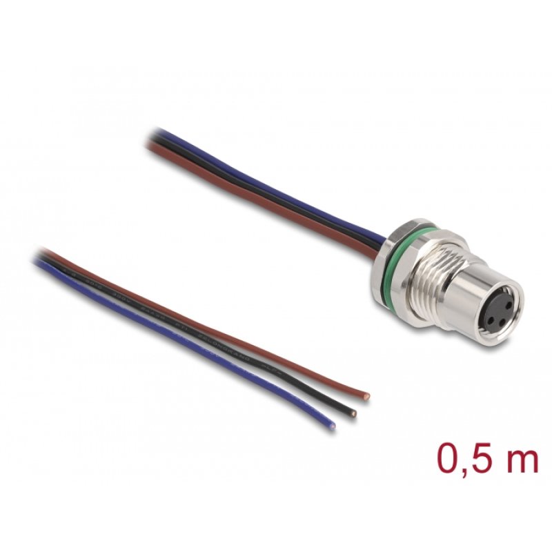 DeLOCK M8 panel-mount cable A-coded 3 pin female for panel with open cable ends front mounting 0.5 m