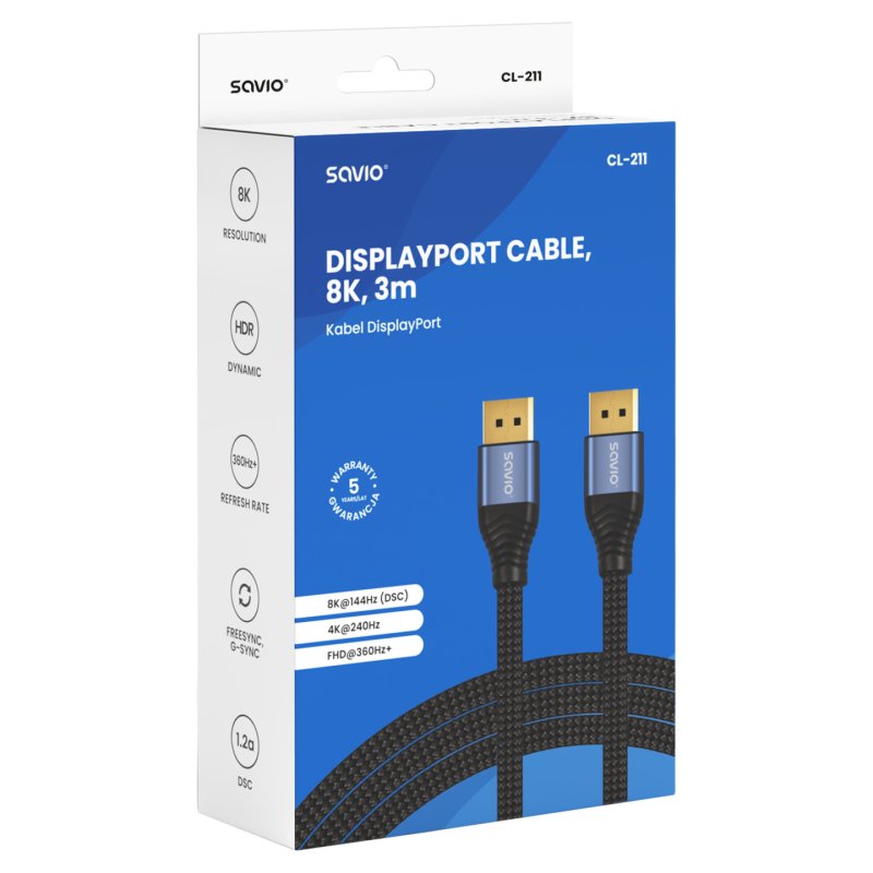 Savio CL-211 câble DisplayPort 3 m Noir