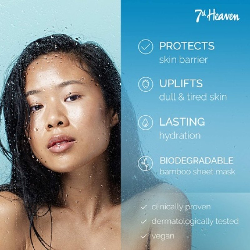 7th Heaven 24 Hour Hydration Biodegradable Bamboo Sheet Mask Enriched with Vitamin E Anti-Pollution 1 Count