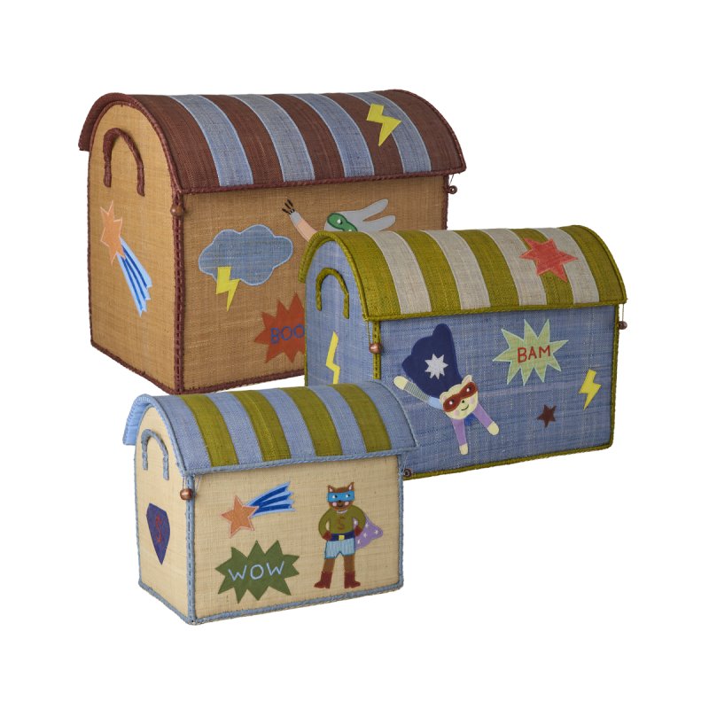 Rice - Raffia Toy Baskets with Hero Theme - Blue - Set of 3 (Large, Medium, Small)
