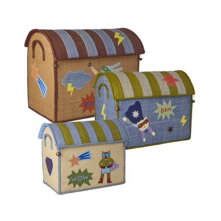 Rice - Raffia Toy Baskets with Hero Theme - Blue - Set of 3 (Large, Medium, Small)