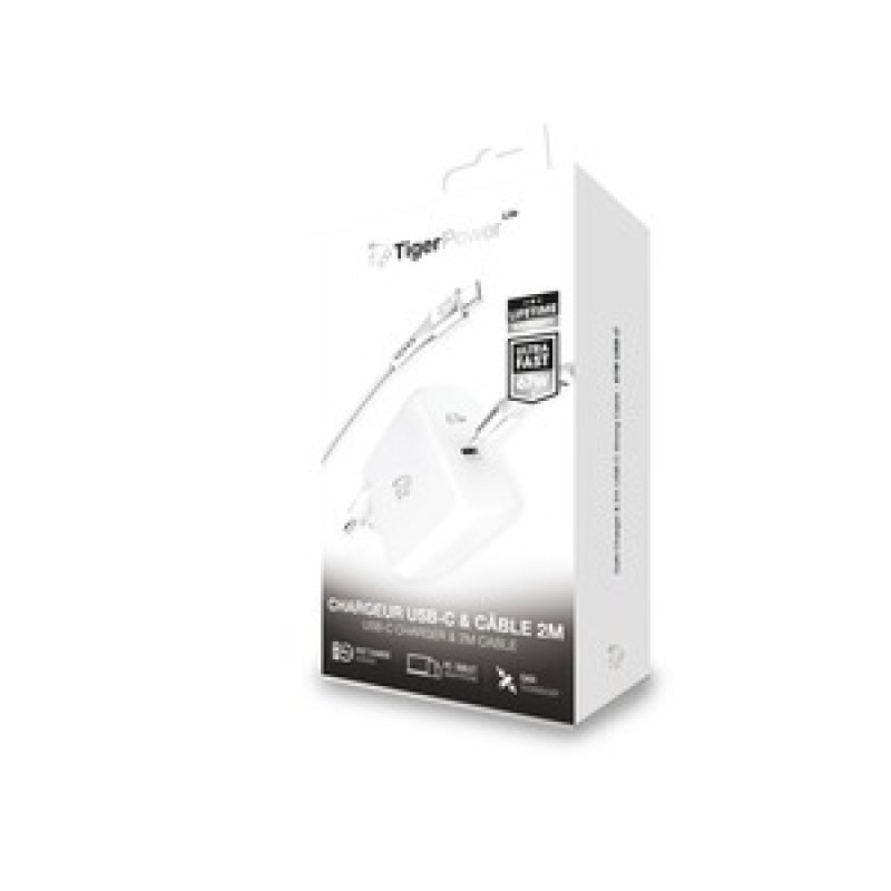 TIGER POWER LITE PACK CHARGEUR SECTEUR GAN 67W CABLE USB-C 2M BLANC
