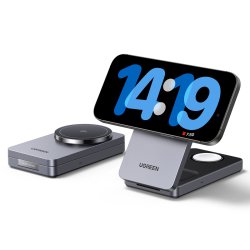 UGREEN W707 3-in-1 15W Magnetic Wireless Desktop Charger fuer iPhone, AirPods und Watch klappbar grau