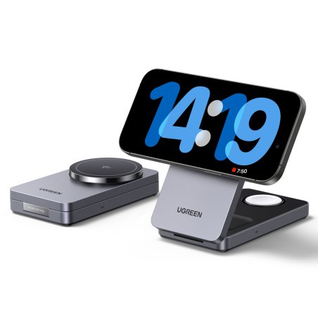 UGREEN W707 3-in-1 15W Magnetic Wireless Desktop Charger fuer iPhone, AirPods und Watch klappbar grau