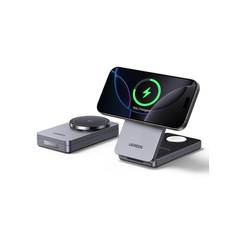 UGREEN W707 3-in-1 15W Magnetic Wireless Desktop Charger fuer iPhone, AirPods und Watch klappbar grau