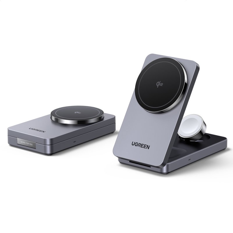 UGREEN W707 3-in-1 15W Magnetic Wireless Desktop Charger fuer iPhone, AirPods und Watch klappbar grau