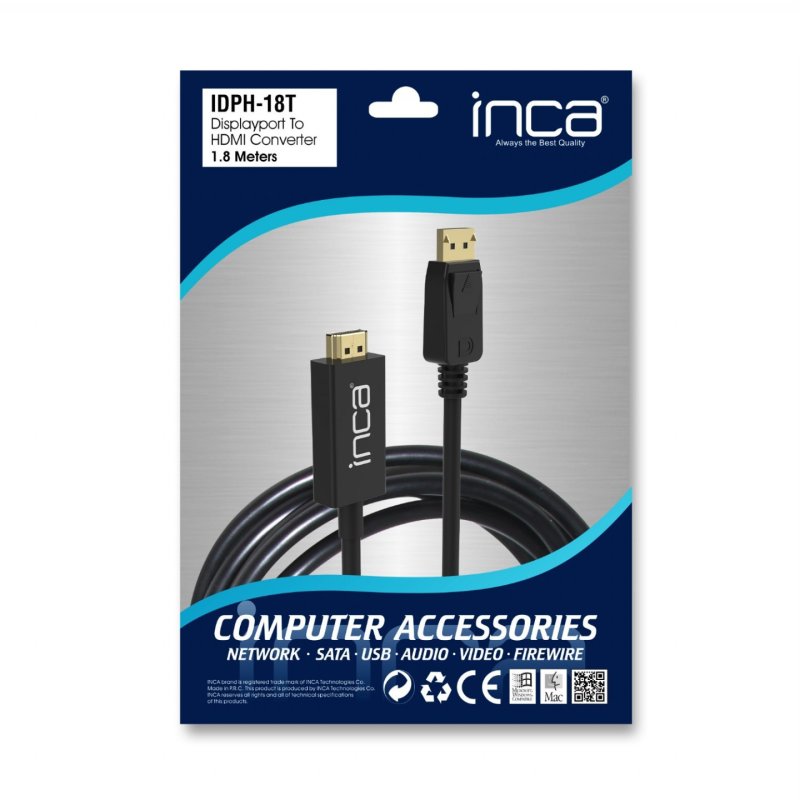 Inca IDPH-18T câble vidéo et adaptateur 1,8 m DisplayPort HDMI Type A (Standard) Noir