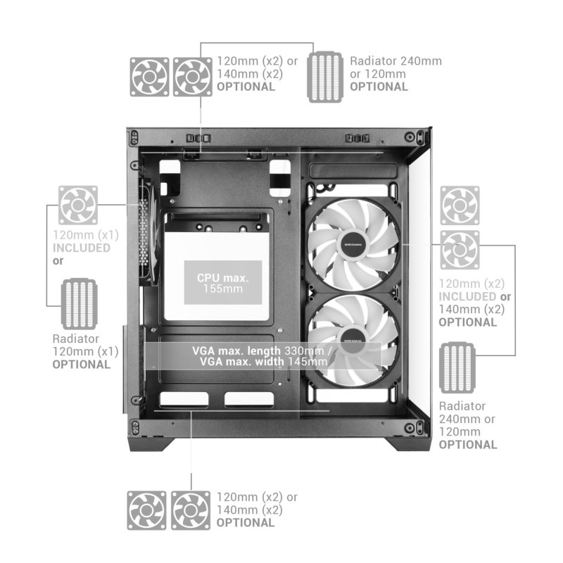 Boitier Mini Tour Micro ATX Mars Gaming MC-View3 RGB avec panneaux vitrés (Blanc)