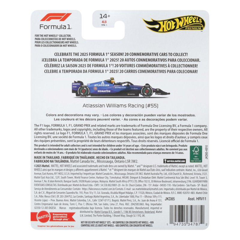 Formula 1 Hot Wheels Premium Die-Cast Vehicle 1:64 Team Williams: Driver 1