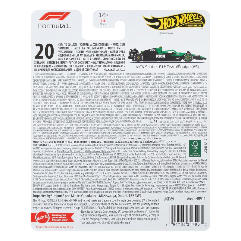 Hot Wheels Premium Kick Sauber F1 Team (5) Vehicle