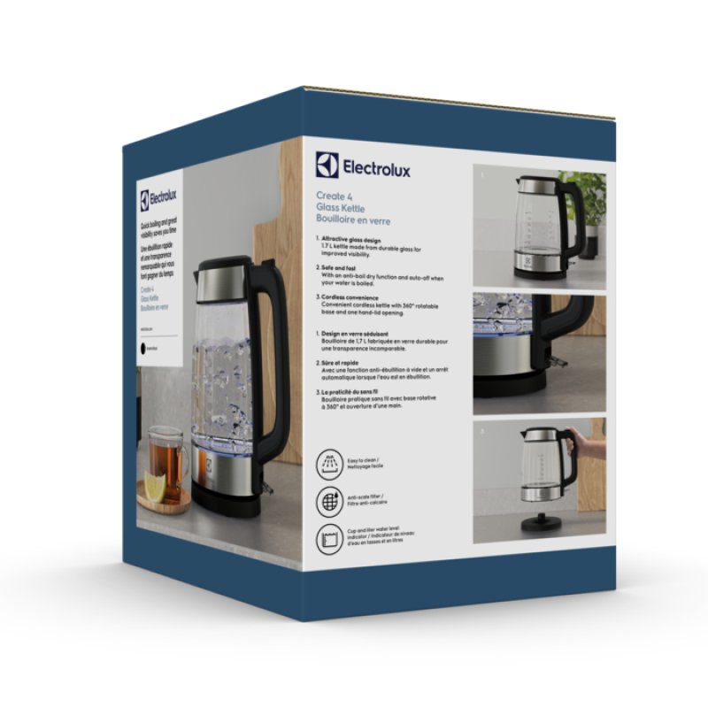 Electrolux E4GK1-4GB bouilloire 1,7 L 2200 W Noir, Acier inoxydable, Transparent