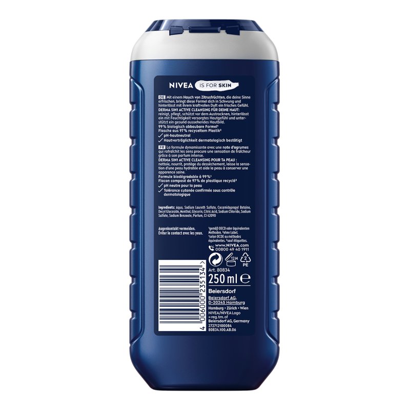 NIVEA MEN Fresh Power 250 ml Gel douche Hommes Corps, visage et cheveux Citron
