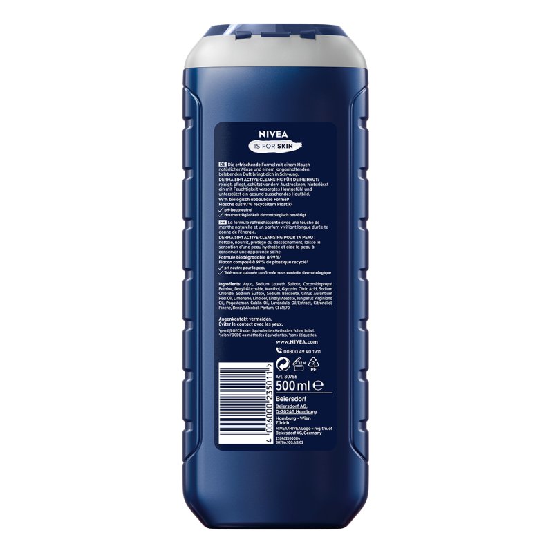 NIVEA MEN Fresh Energy 500 ml Gel douche Hommes Corps, visage et cheveux Menthe