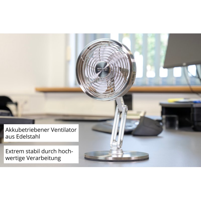 Unold 86705 Akku-Tischventilator STEEL FLEX Chrome 14 cm