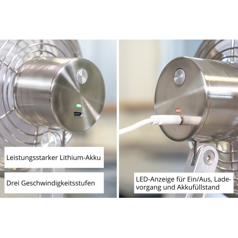 Unold 86705 Akku-Tischventilator STEEL FLEX Chrome 14 cm