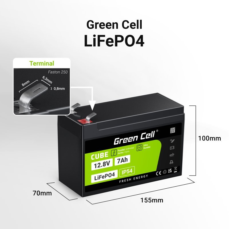 Green Cell LFPGC12V7AH Batterie de l'onduleur Phosphate de fer lithié (LiFePo4) 12,8 V 7 Ah