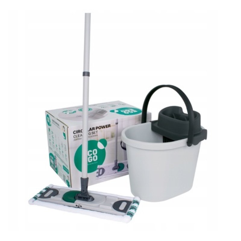 York Circular Power Cleaning Set Rectangular Bucket 13 Liters With Wringer And Flat Microfiber Mop With 130 Cm Twist