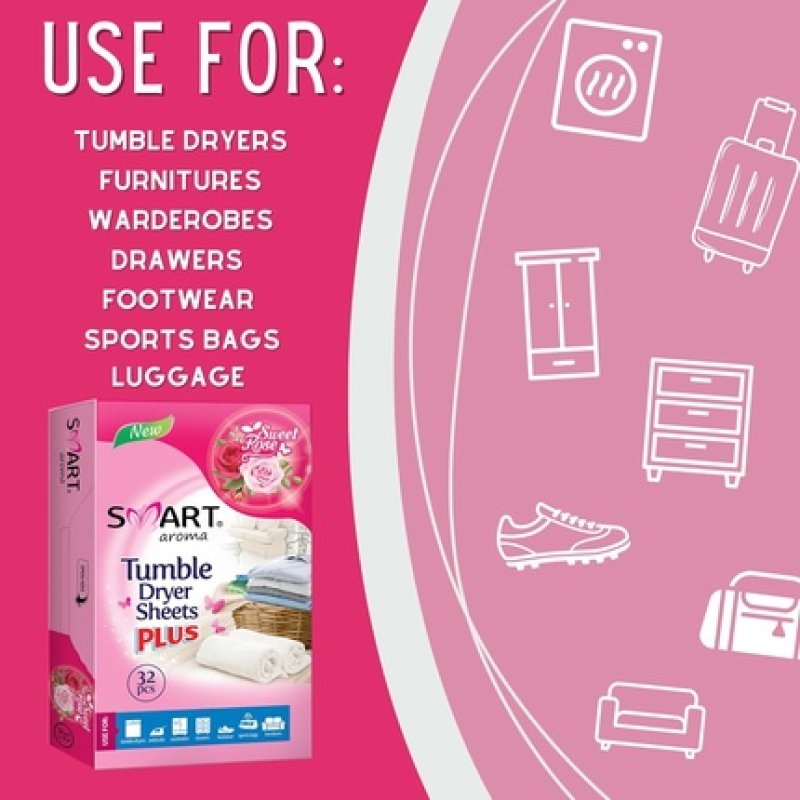 SMART Aroma Dryer Sheets Soften Fabrics and Provide Long-Lasting Fresh Scent - Ease Ironing Sweet Rose 32 Sheets