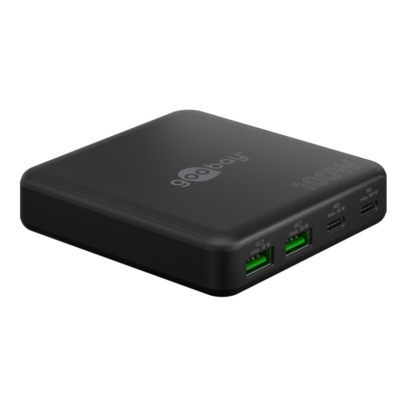USB-C Multiport-Tischladegerät, PD, GaN, 100 Watt (schwarz, 2x USB-C, 2x USB-A, Power Delivery, QuickCharge 3.0)