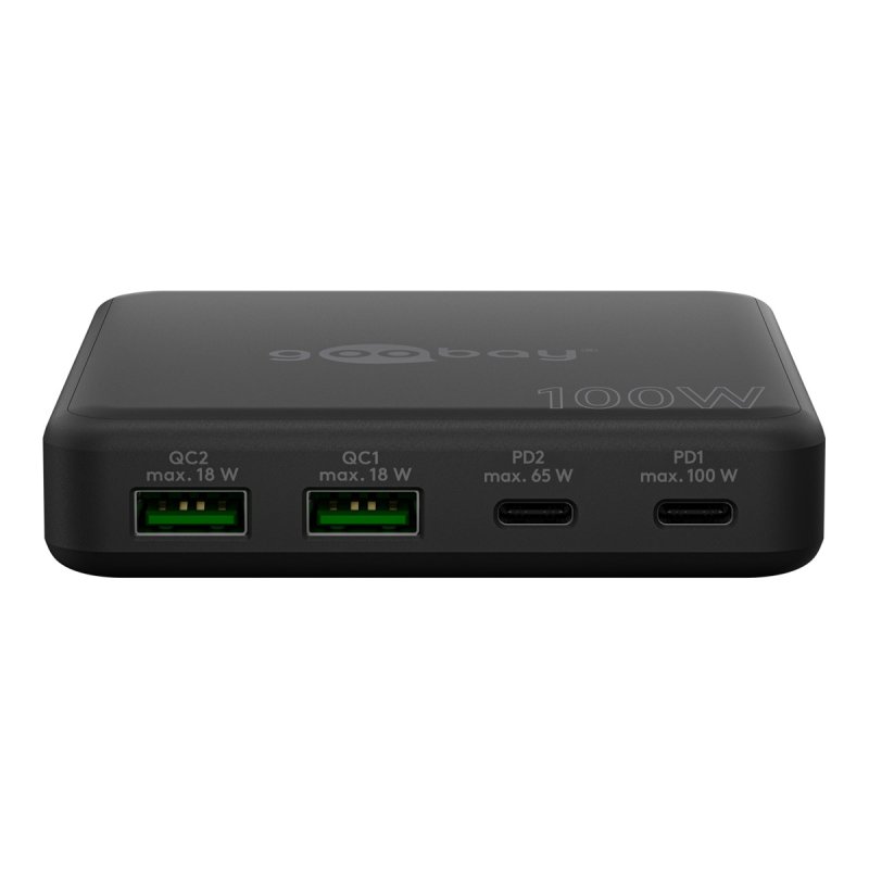 USB-C Multiport-Tischladegerät, PD, GaN, 100 Watt (schwarz, 2x USB-C, 2x USB-A, Power Delivery, QuickCharge 3.0)