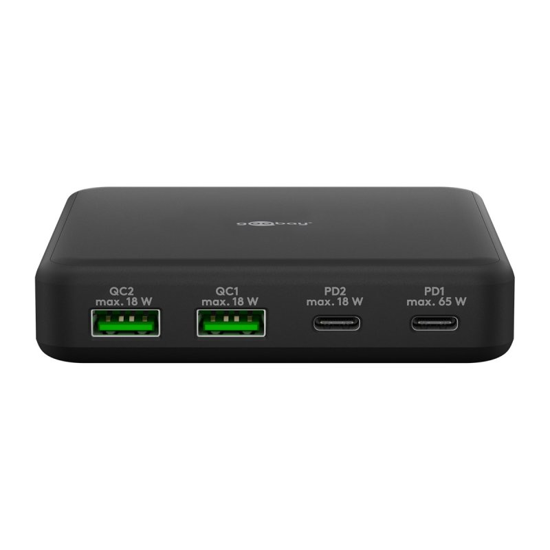 USB-C Multiport-Tischladegerät, PD, GaN, 65 Watt (schwarz, 2x USB-C, 2x USB-A, Power Delivery, QuickCharge 3.0)
