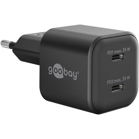 USB-C Dual-Schnellladegerät Nano, PD, GaN, 35 Watt (schwarz, 2x USB-C, Power Delivery 3.0)