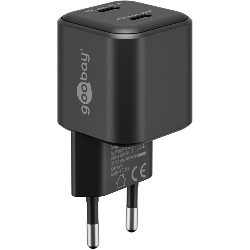 USB-C Dual-Schnellladegerät Nano, PD, GaN, 35 Watt (schwarz, 2x USB-C, Power Delivery 3.0)