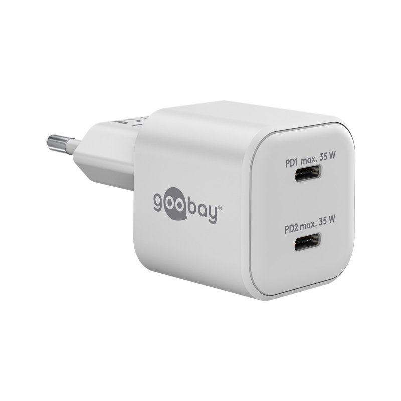 USB-C Dual-Schnellladegerät Nano, PD, GaN, 35 Watt (weiß, 2x USB-C, Power Delivery 3.0)