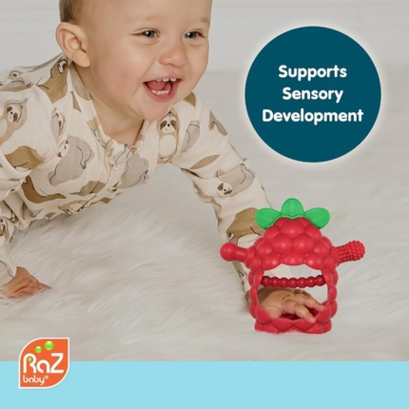 Razbaby Razberry Grip Silicone Teether Toy for 3 Months - Drop Resistant Handheld