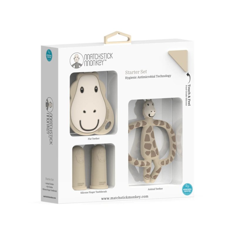 Matchstick Monkey Antimicrobial Teething Starter Set - 1 Flat Face Teether, 1 Animal Teether, 2 Silicone Finger
