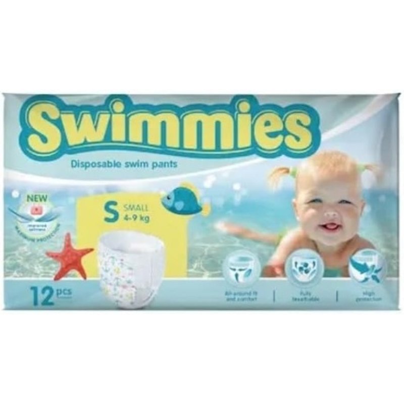 Swimmies Costume Diapers for Sea and Pool Size S 4/9 Kg - Pack of 12