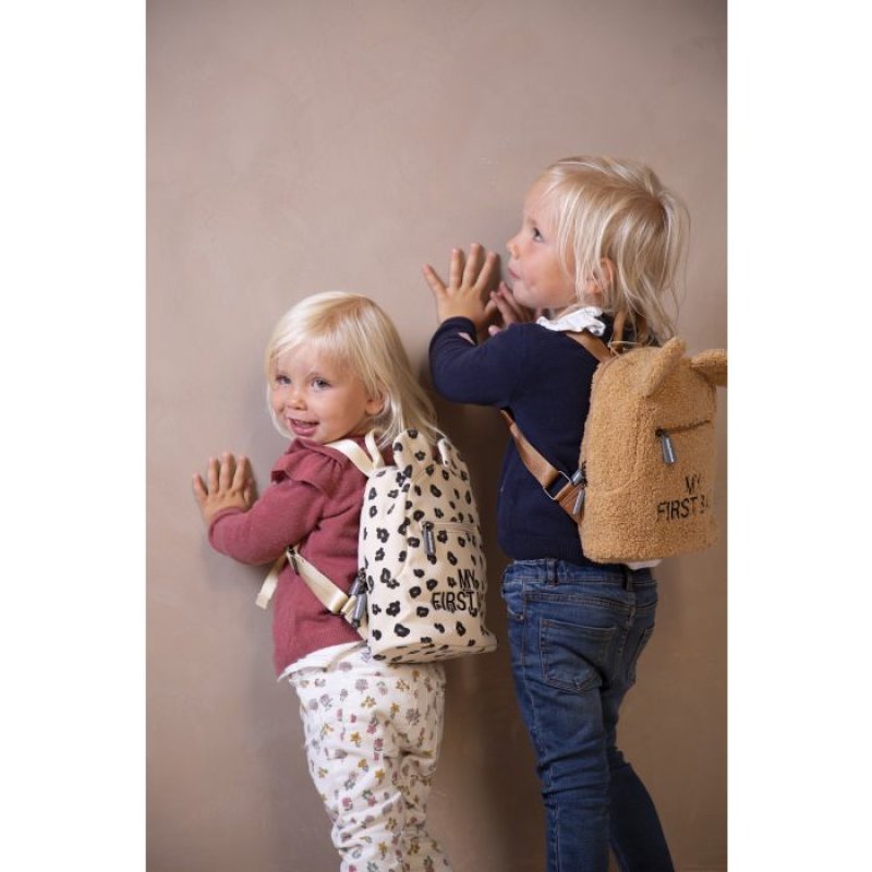 CHILDHOME My First Bag Baby Backpack with Two Compartments and Lunchbag/Bottle Capacity Waterproof Canvas Leopard