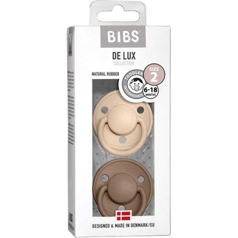 BIBS De Lux Pacifier BPA-Free Cherry Shaped Nipple Natural Rubber/Latex 6-18 Months 2-Pack Vanilla/Dark Oak Size 2