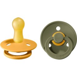 BIBS Colour Soother BPA Free Dummy Pacifier Round Nipple Natural Rubber Latex Size 2 Honey Bee/Olive 6-18 Months - Pack