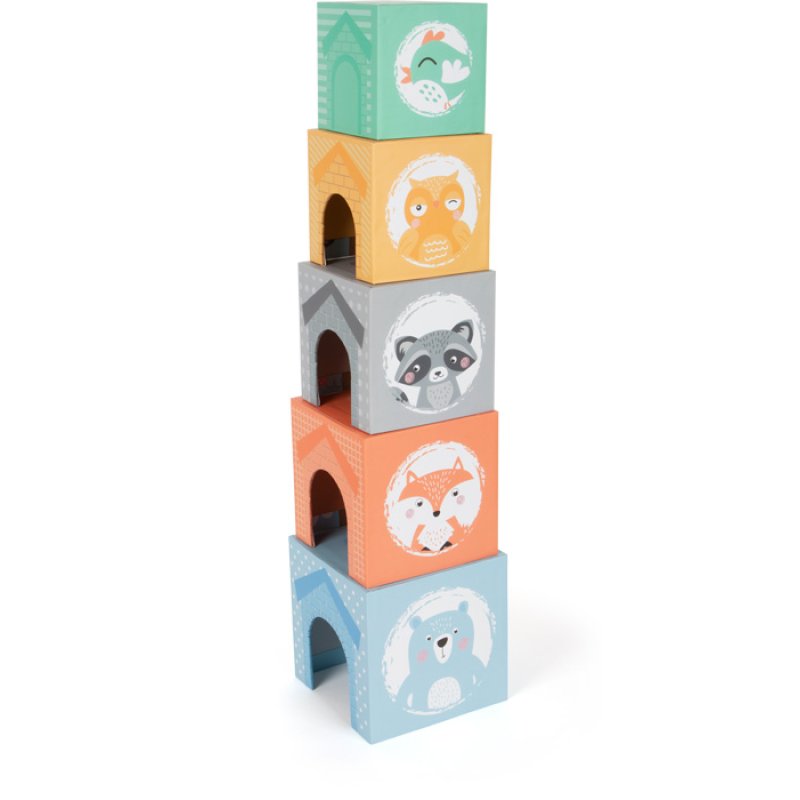 Small Foot Pastel Cardboard Stacking Cubes With Wooden Animal Figures, Stacking Tower