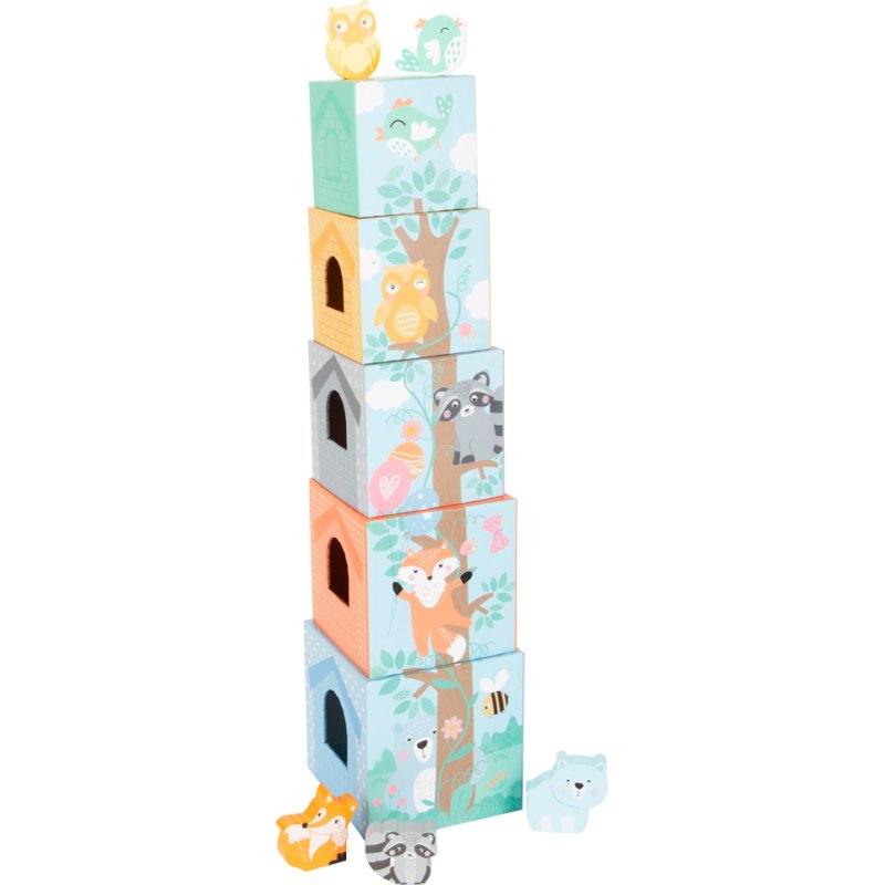 Small Foot Pastel Cardboard Stacking Cubes With Wooden Animal Figures, Stacking Tower