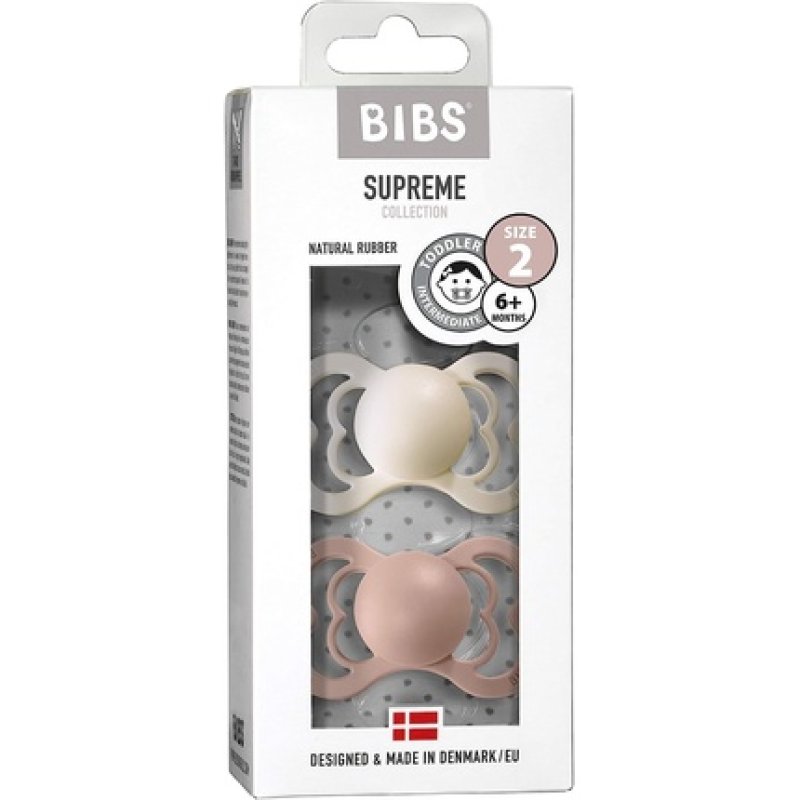 BIBS Supreme Soother BPA Free Dummy Pacifier Symmetrical Nipple Natural Rubber Latex Size 2 Ivory/Blush - Pack of 2