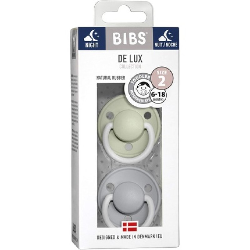 BIBS De Lux Soother BPA Free Dummy Pacifier Round Nipple Natural Rubber Latex Size 2 6-18 Months Sage Night/Cloud Night