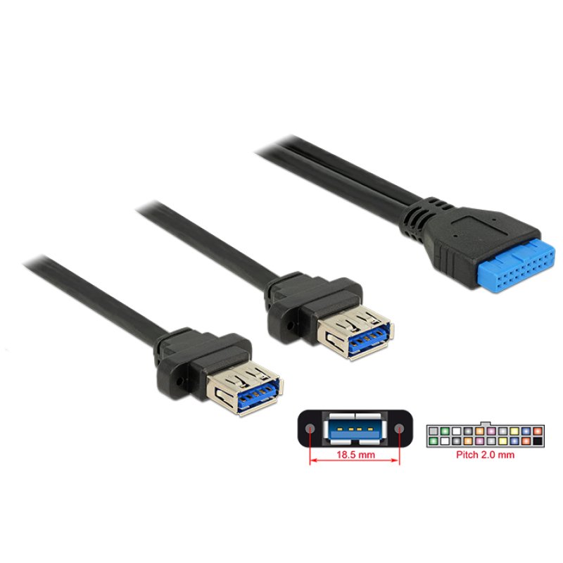 DELOCK Kabel USB 3.0 Pfostenbuchse 2.00 mm 19 Pin 2 x USB 3.0 Typ-A Buchse zum Einbau 80 cm