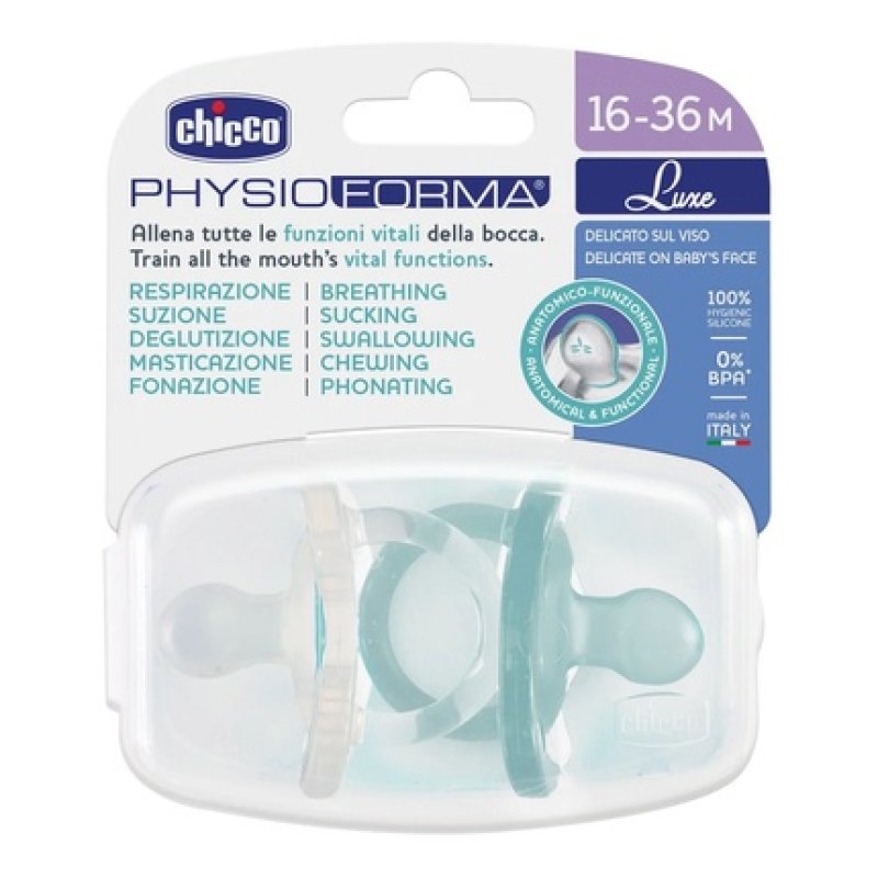 Chicco Physioforma Luxe Silicone Pacifier 16-36 Months Blue, Clear - 2 Pieces