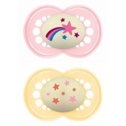 Mam Original Night Orthodontic Silicone Pacifier 16 Months - Pink & Yellow 260sg - 2 Pack