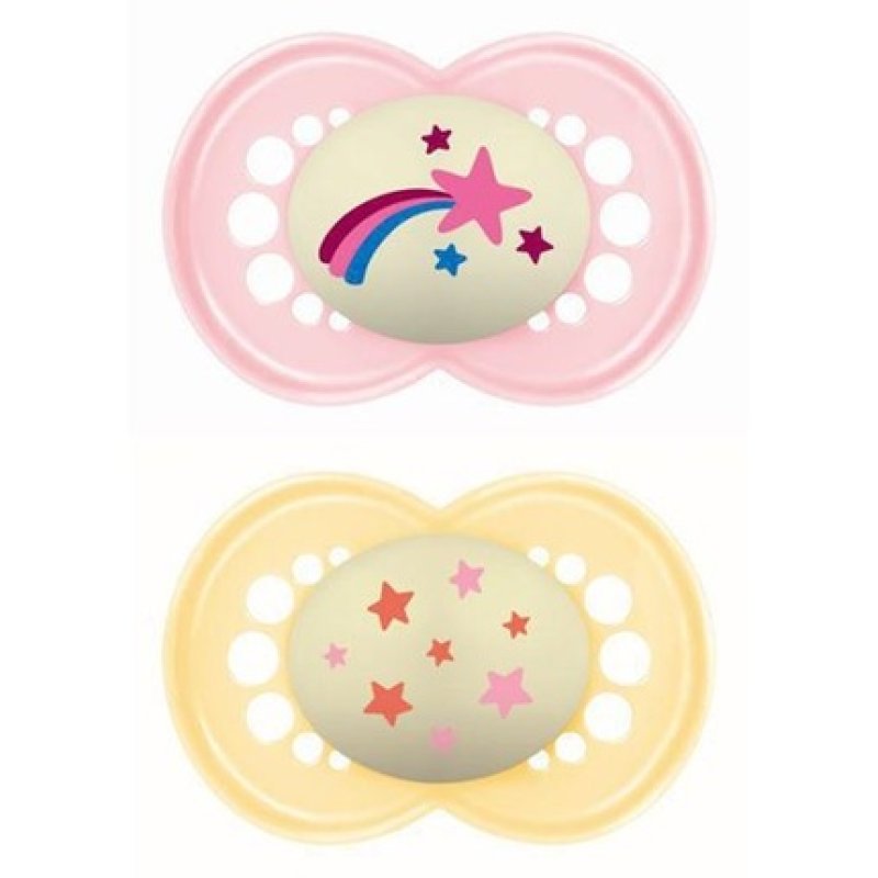 Mam Original Night Orthodontic Silicone Pacifier 16 Months - Pink & Yellow 260sg - 2 Pack
