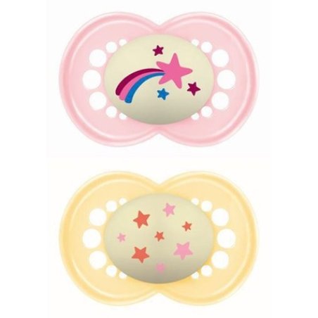 Mam Original Night Orthodontic Silicone Pacifier 16 Months - Pink & Yellow 260sg - 2 Pack