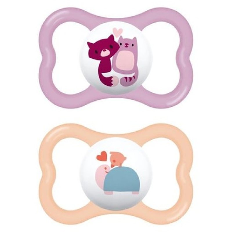 Mam Orthodontic Silicone Pacifiers For 16 Months Air Fox - Turtle Purple / Orange 2 Pack Girl