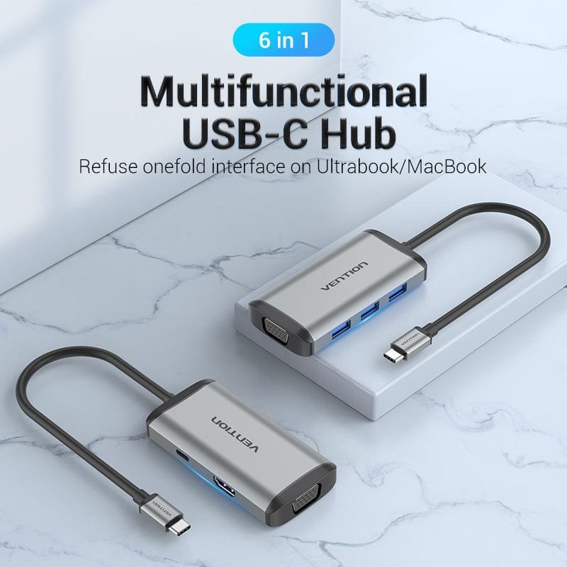 Adaptateur USB-C Vention vers 3x USB-A 1x HDMI 1x VGA 1x USB-C 87W 0.15m (Gris)