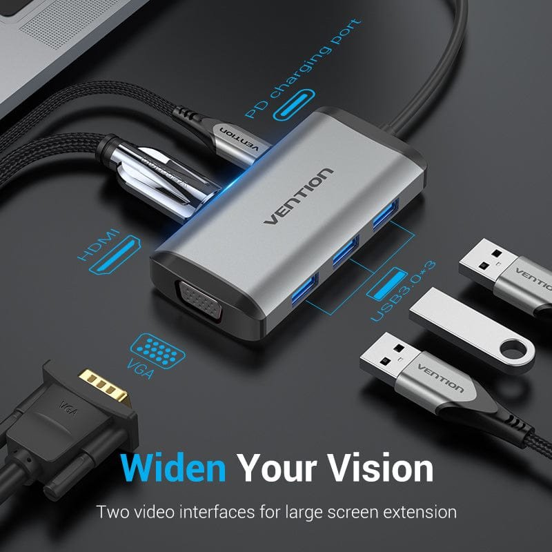 Adaptateur USB-C Vention vers 3x USB-A 1x HDMI 1x VGA 1x USB-C 87W 0.15m (Gris)
