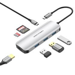 Adaptateur USB-C Vention vers 3x USB-A 1x HDMI 1x USB-C 100W 0.15m (Gris)